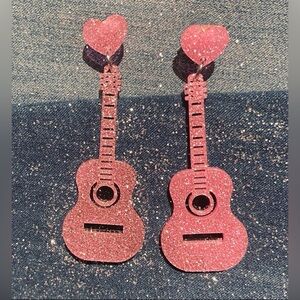 Classic Pink Sparkly Guitar Dangle Earrings